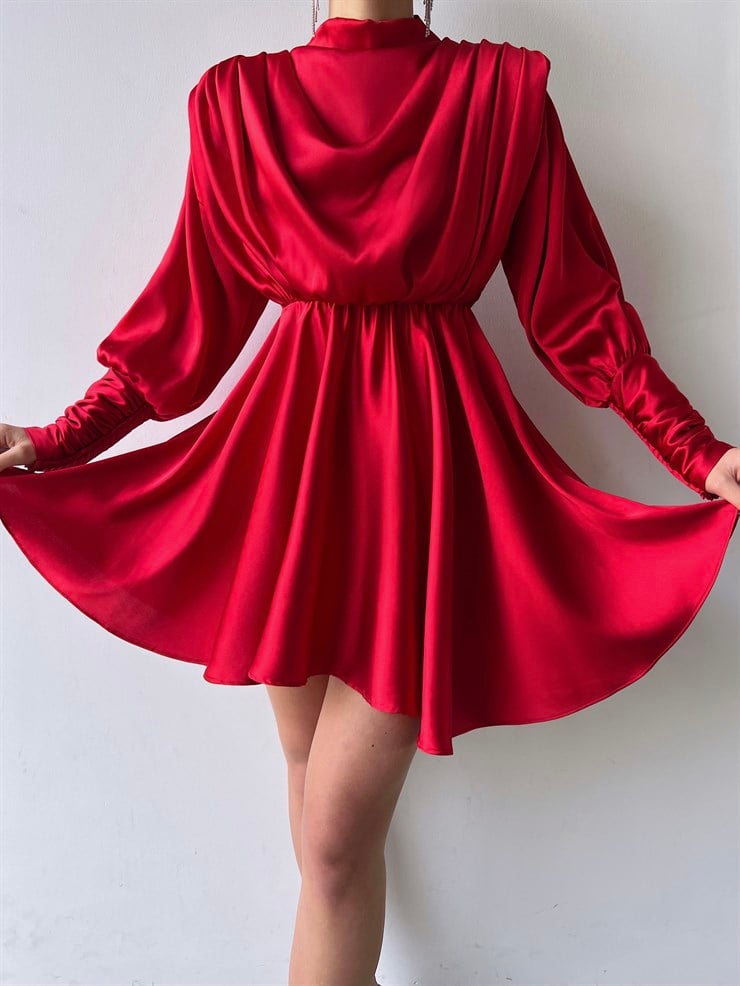 Geniş Manşet Dökümlü Yaka Lastik Bel Feliciano Kadın Kırmızı Elbise 22K000070