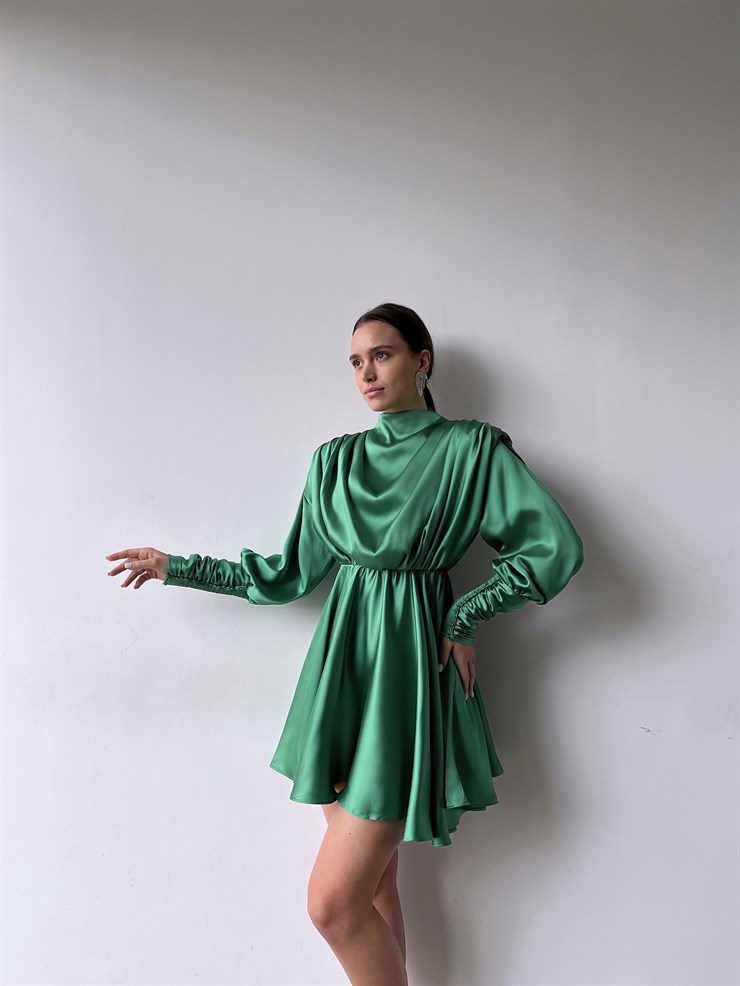 Geniş Manşet Dökümlü Yaka Lastik Bel Feliciano Kadın Yeşil Elbise 22K000070