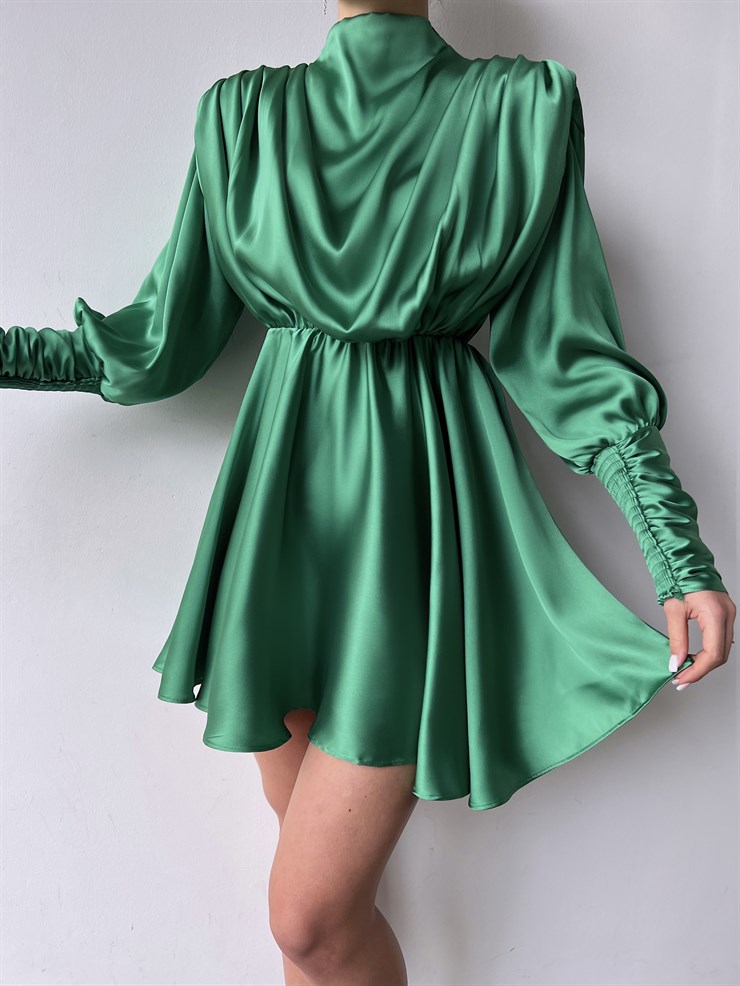 Geniş Manşet Dökümlü Yaka Lastik Bel Feliciano Kadın Yeşil Elbise 22K000070