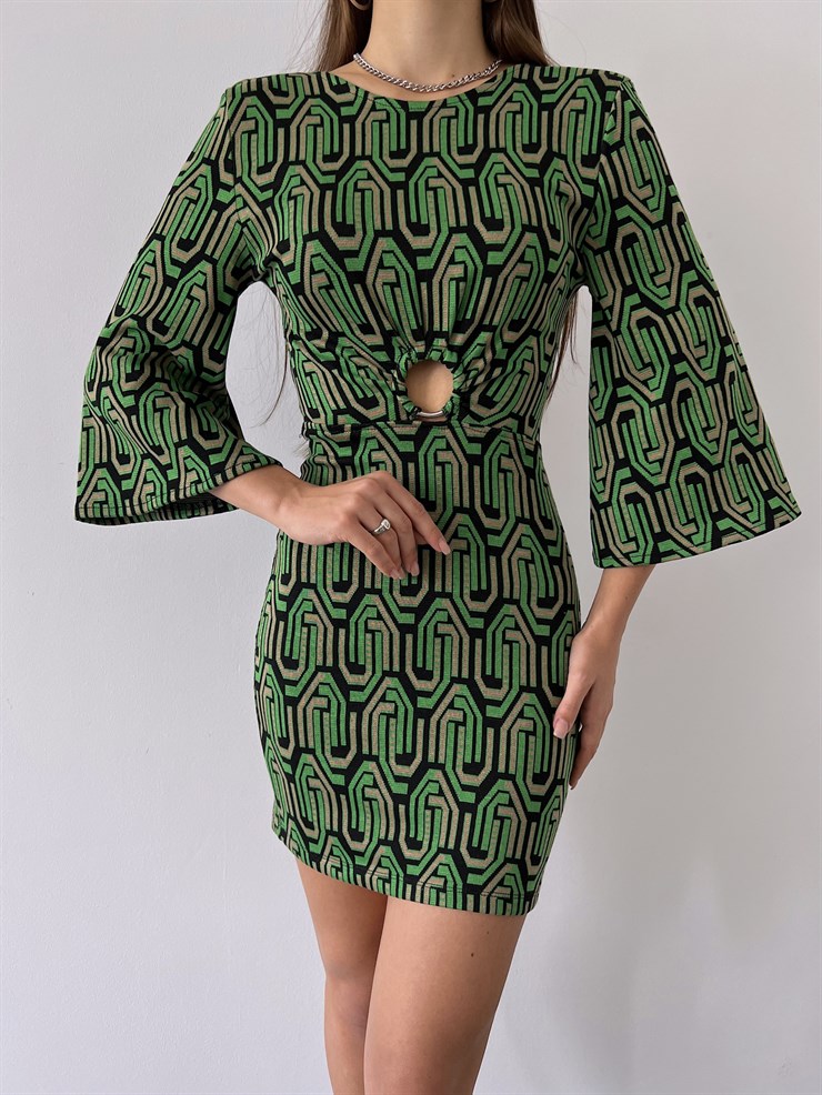 Geometrik Desen Yarım Geniş Kol Gabriela Kadın Yeşil Mini Elbise 23K000225