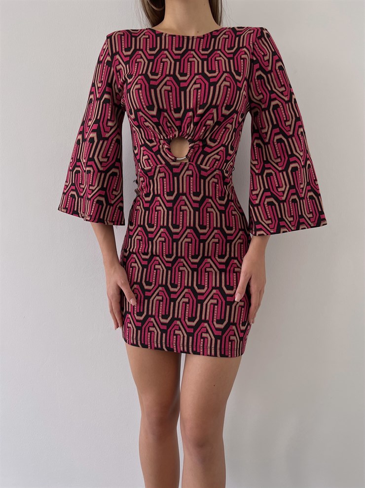 Geometrik Desen Yarım Geniş Kol Gabriela Kadın Fuşya Mini Elbise 23K000225