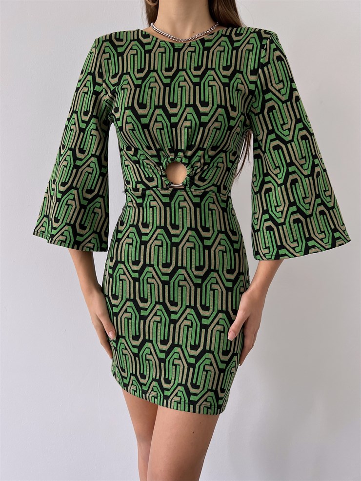 Geometrik Desen Yarım Geniş Kol Gabriela Kadın Yeşil Mini Elbise 23K000225