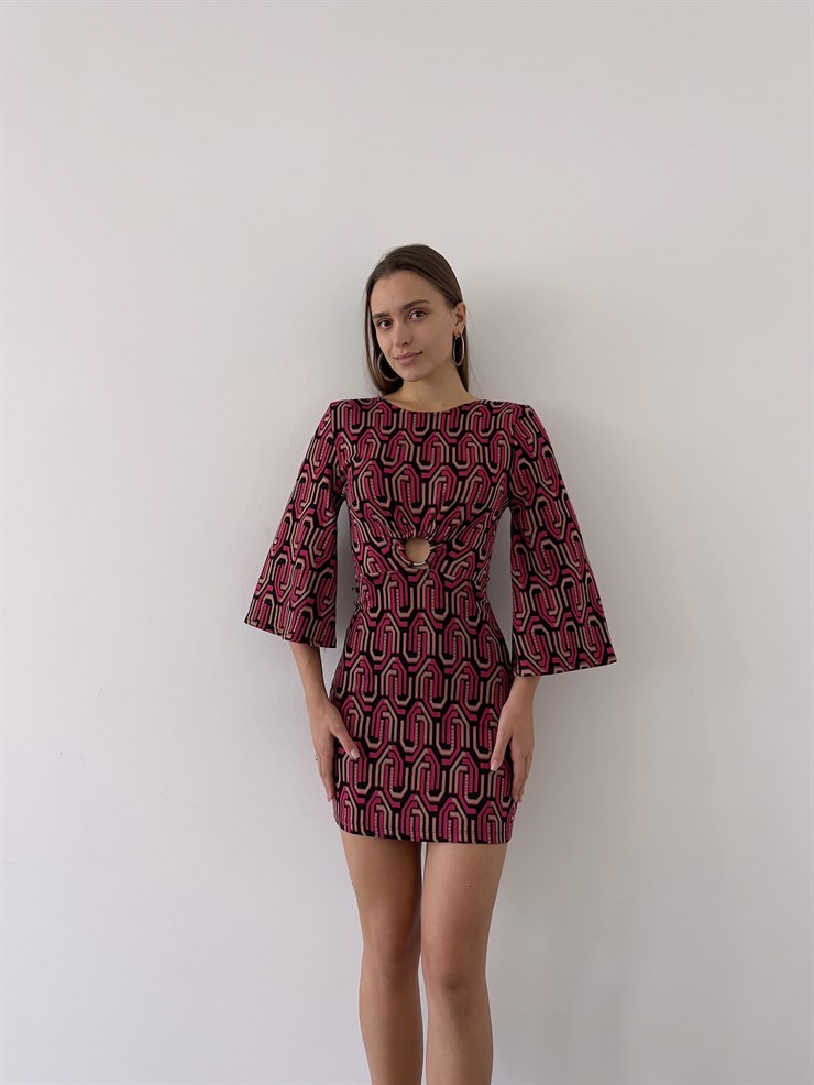Geometrik Desen Yarım Geniş Kol Gabriela Kadın Fuşya Mini Elbise 23K000225