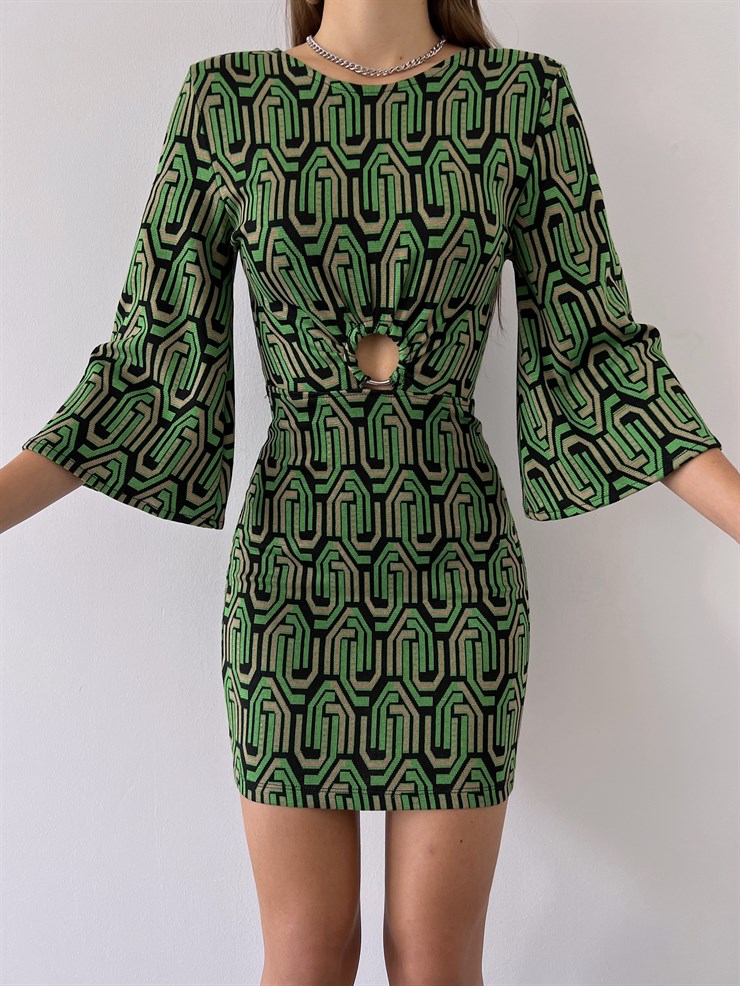 Geometrik Desen Yarım Geniş Kol Gabriela Kadın Yeşil Mini Elbise 23K000225