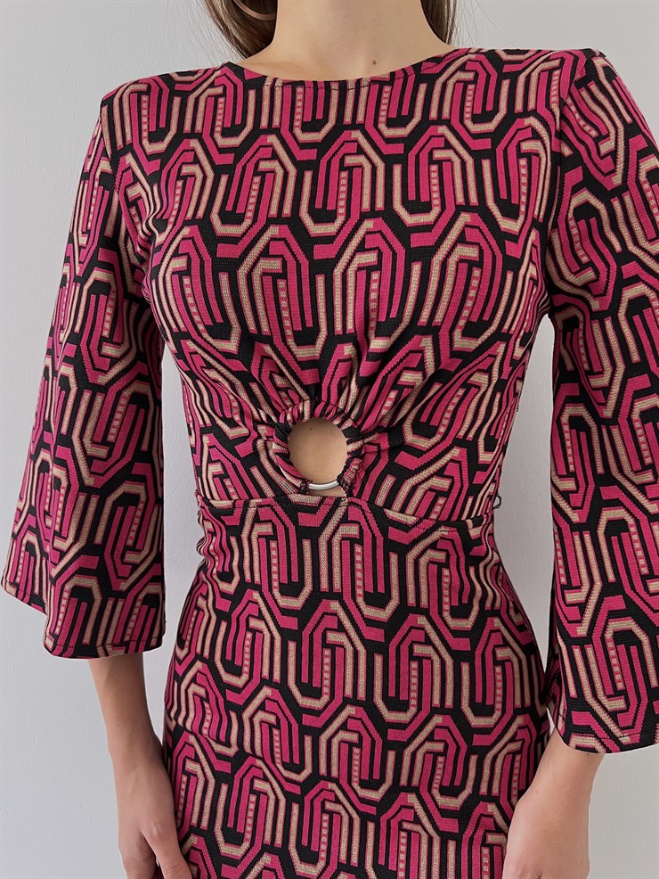 Geometrik Desen Yarım Geniş Kol Gabriela Kadın Fuşya Mini Elbise 23K000225