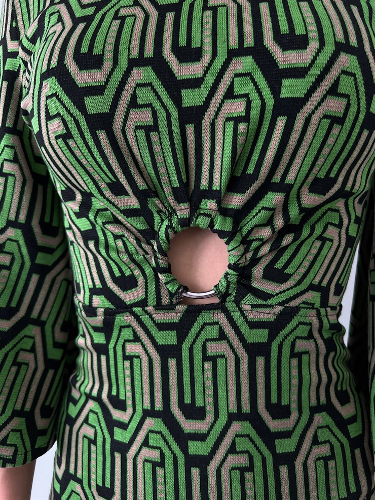 Geometrik Desen Yarım Geniş Kol Gabriela Kadın Yeşil Mini Elbise 23K000225