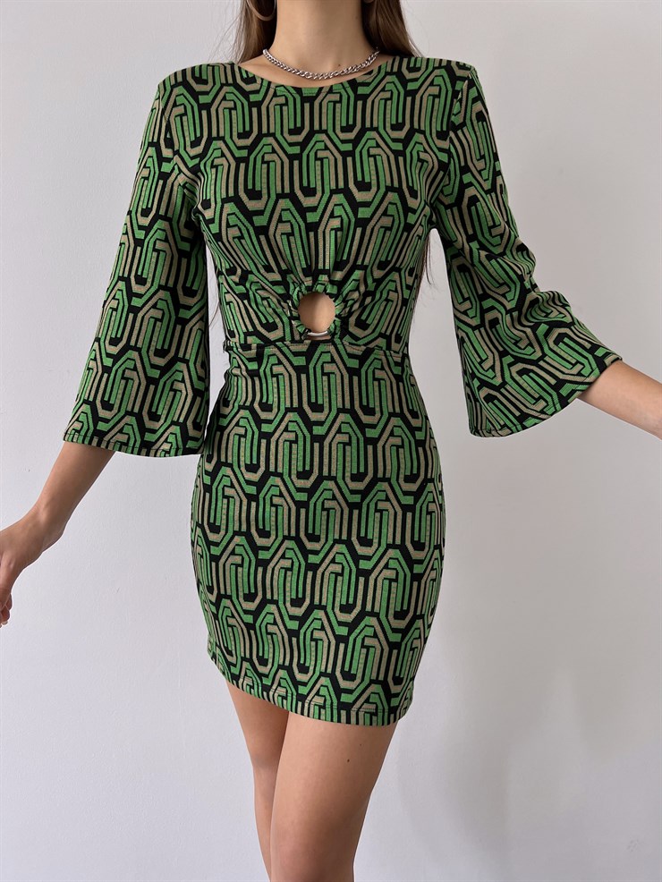 Geometrik Desen Yarım Geniş Kol Gabriela Kadın Yeşil Mini Elbise 23K000225