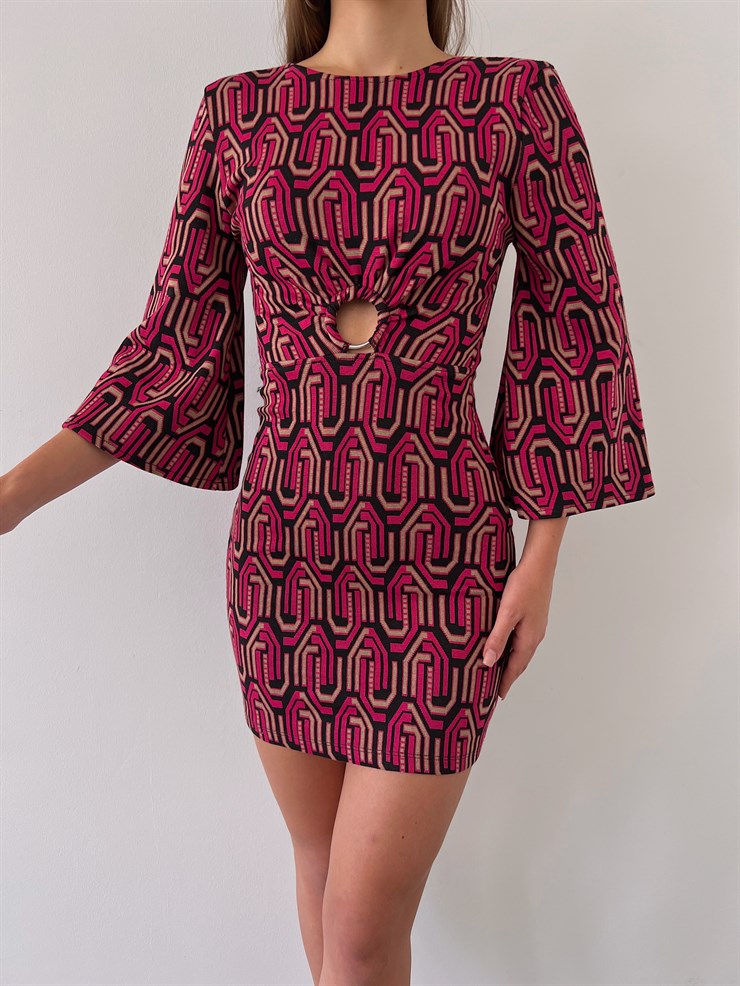 Geometrik Desen Yarım Geniş Kol Gabriela Kadın Fuşya Mini Elbise 23K000225