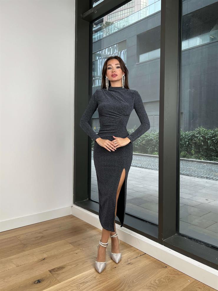 Boğazlı Drape Detaylı Gerado Kadın Antrasit Midi Elbise 24k317