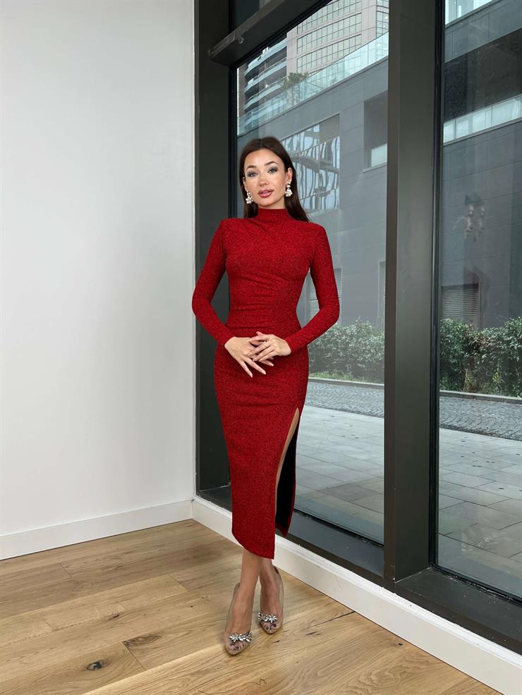 Boğazlı Drape Detaylı Gerado Kadın Kırmızı Midi Elbise 24k317