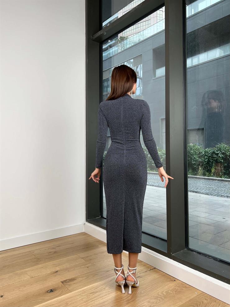 Boğazlı Drape Detaylı Gerado Kadın Antrasit Midi Elbise 24k317