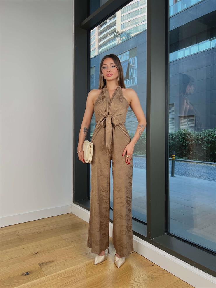 V Yaka Önden Bağlamalı Bol Paça Gia Vizon Kadın Tulum 25Y451