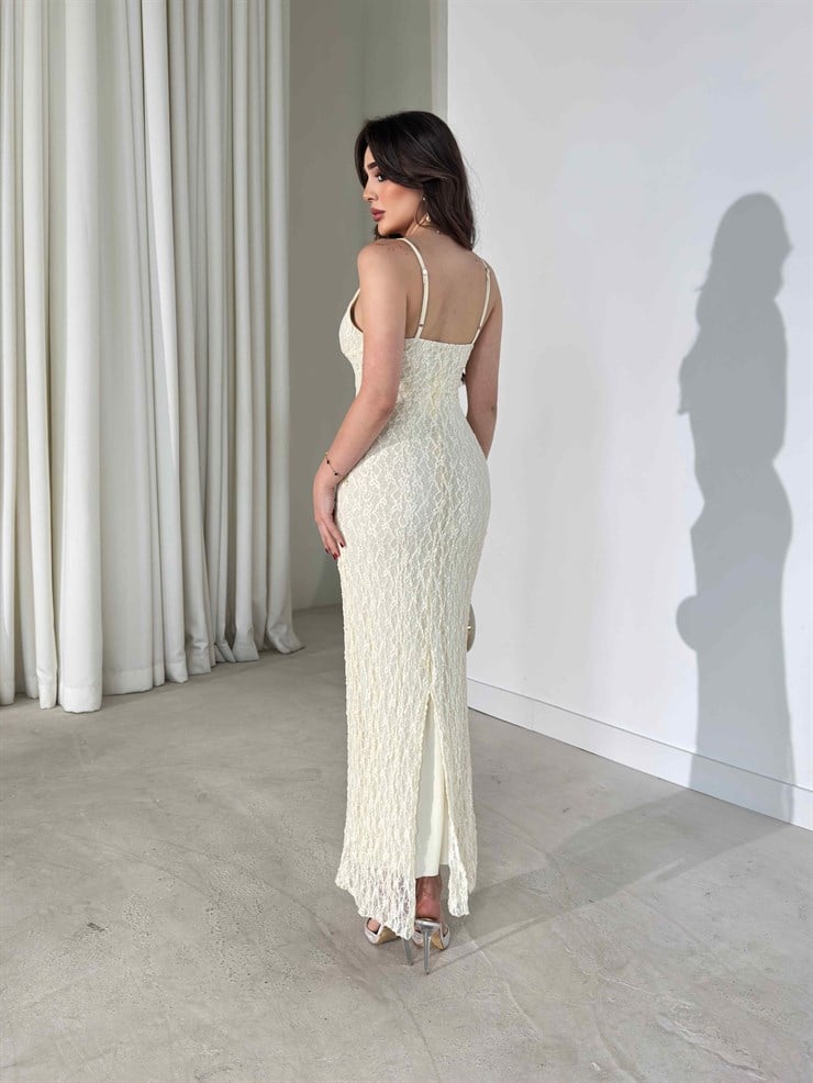 Derin V Yaka İnce Askılı Uzun Bej Gianna Kadın Elbise 26Y195