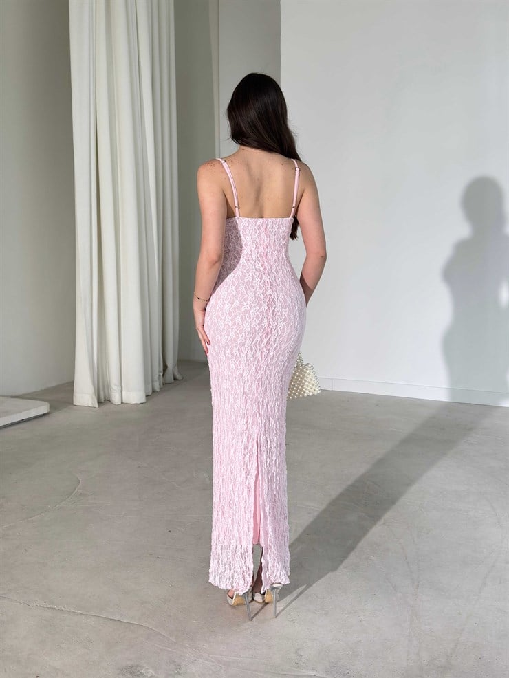 Derin V Yaka İnce Askılı Uzun Pembe Gianna Kadın Elbise 26Y195