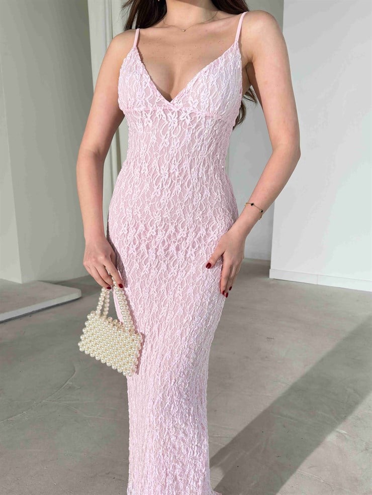 Derin V Yaka İnce Askılı Uzun Pembe Gianna Kadın Elbise 26Y195