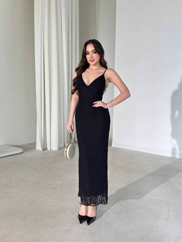 Derin V Yaka İnce Askılı Uzun Siyah Gianna Kadın Elbise 26Y195