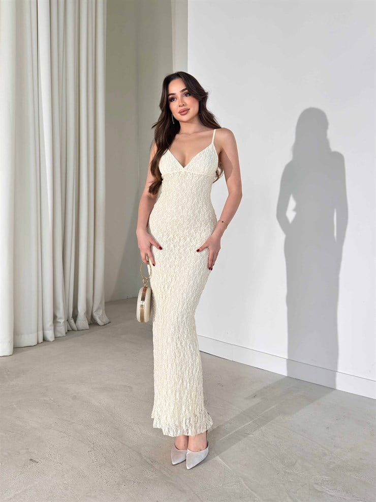 Derin V Yaka İnce Askılı Uzun Bej Gianna Kadın Elbise 26Y195