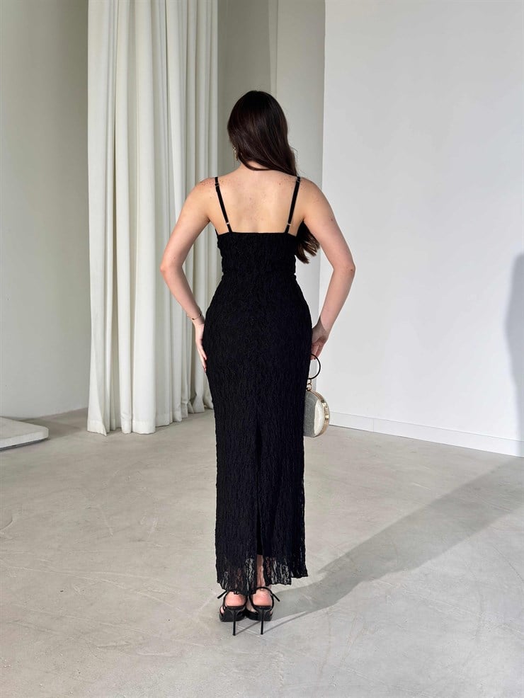 Derin V Yaka İnce Askılı Uzun Siyah Gianna Kadın Elbise 26Y195