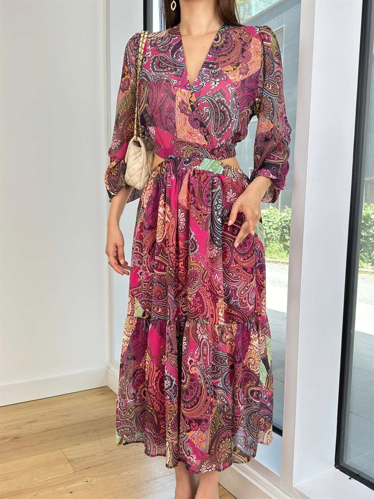 Kruvaze Yaka Beli Pencere Detaylı Üst Kısmı Transparan Gibson Kadın Renkli Elbise 24Y670