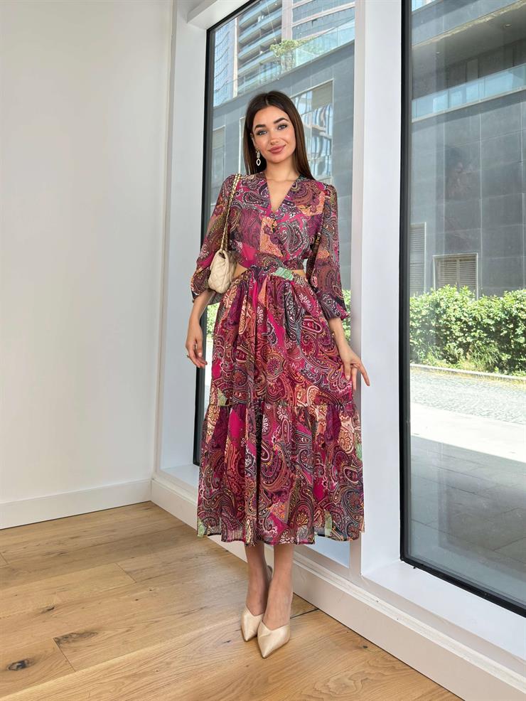 Kruvaze Yaka Beli Pencere Detaylı Üst Kısmı Transparan Gibson Kadın Renkli Elbise 24Y670