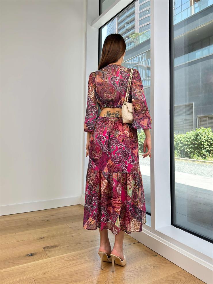 Kruvaze Yaka Beli Pencere Detaylı Üst Kısmı Transparan Gibson Kadın Renkli Elbise 24Y670