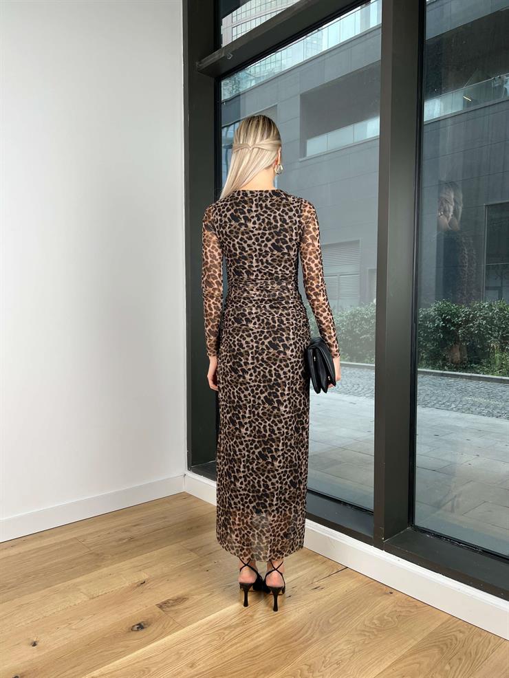Uzun Tül Kol Leopar Desenli Gilberto Kadın Kahve Elbise 24k319