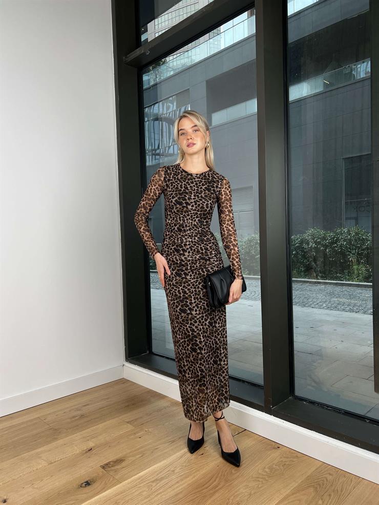 Uzun Tül Kol Leopar Desenli Gilberto Kadın Kahve Elbise 24k319