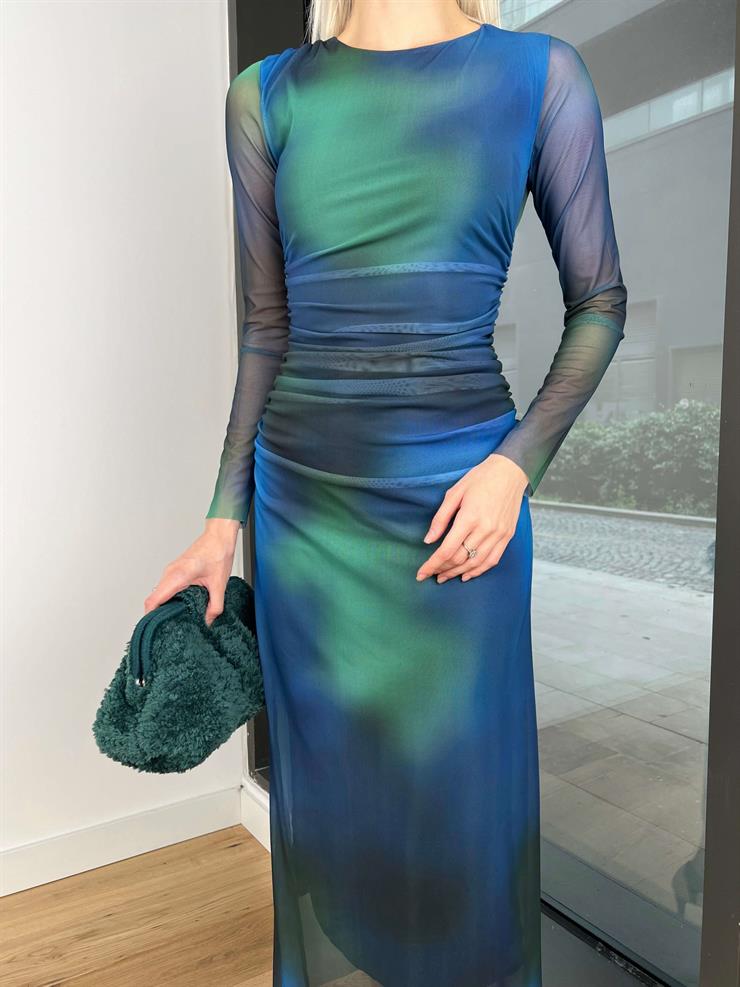 Uzun Tül Kol Desenli Gilberto Kadın Renkli Elbise 24k319