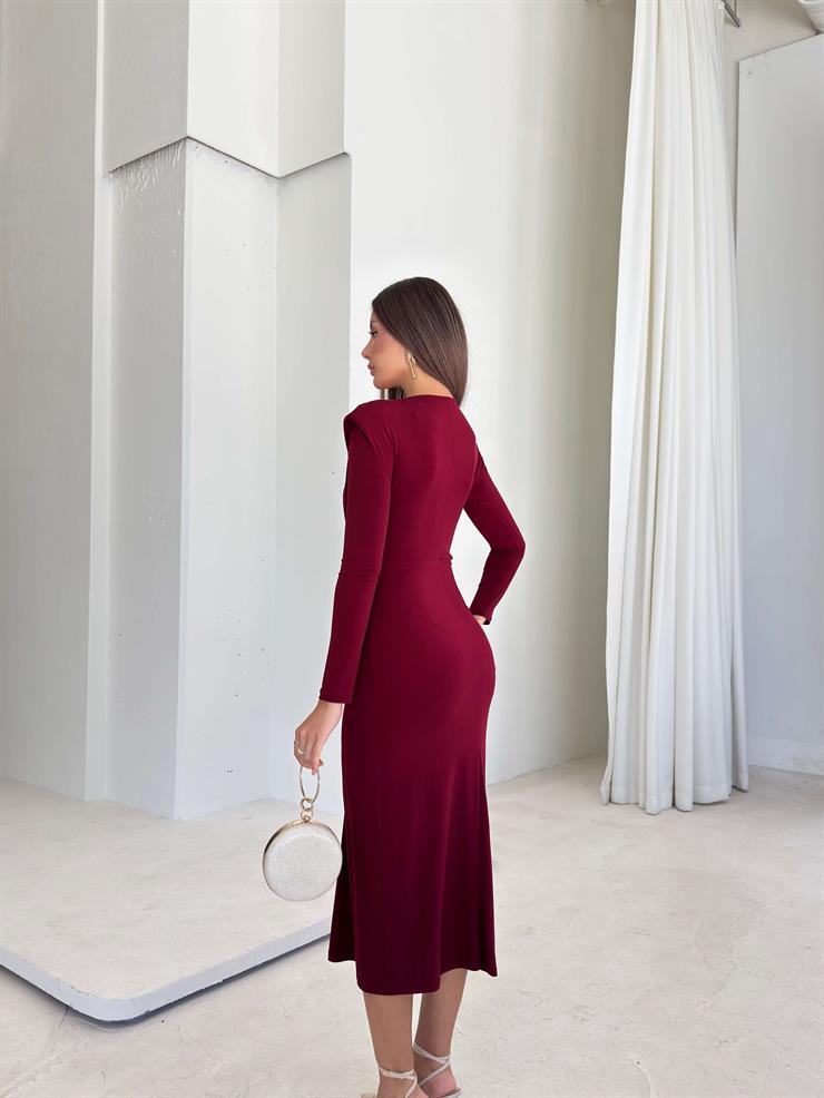 Aksesuarlı Omzu Vatkalı Drape Detaylı Gineş Bordo Kadın Elbise 26K100