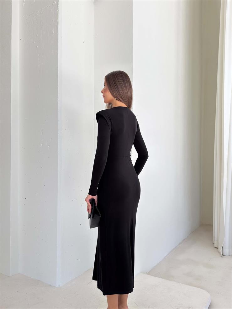 Aksesuarlı Omzu Vatkalı Drape Detaylı Gineş Siyah Kadın Elbise 26K100