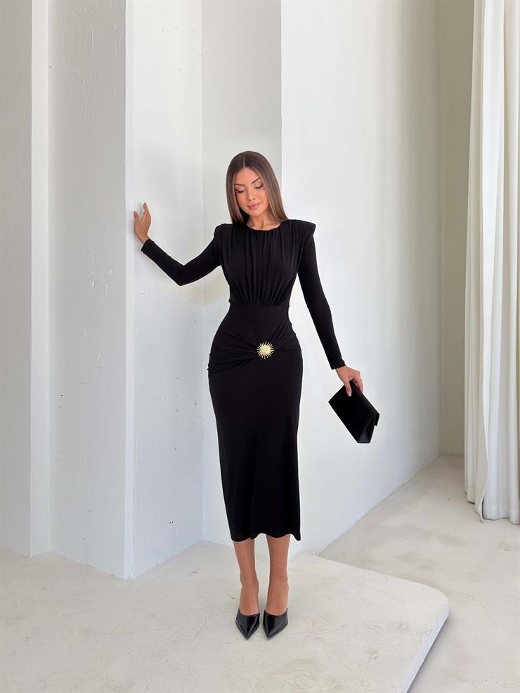 Aksesuarlı Omzu Vatkalı Drape Detaylı Gineş Siyah Kadın Elbise 26K100