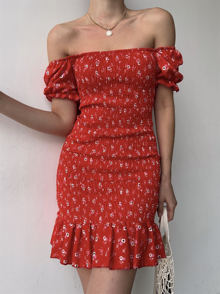 Gipeli Düşük Omuz Çiçek Desenli Volanlı Vox Kadın Kırmızı Elbise 22Y000356