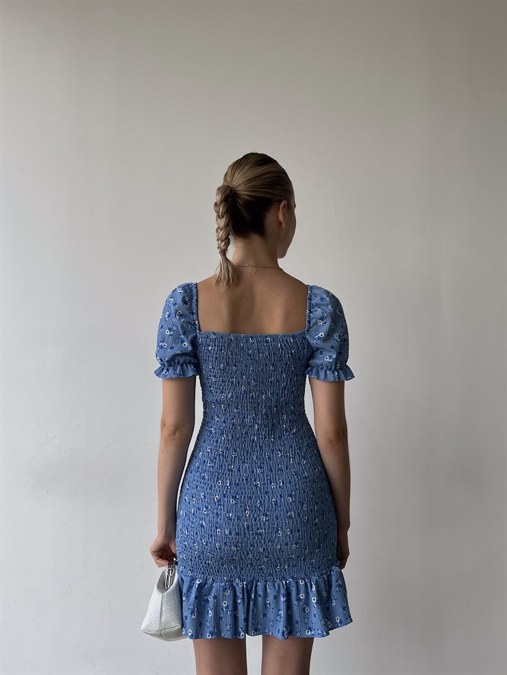 Gipeli Düşük Omuz Çiçek Desenli Volanlı Vox Kadın Mavi Elbise 22Y000356