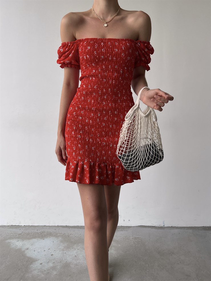 Gipeli Düşük Omuz Çiçek Desenli Volanlı Vox Kadın Kırmızı Elbise 22Y000356