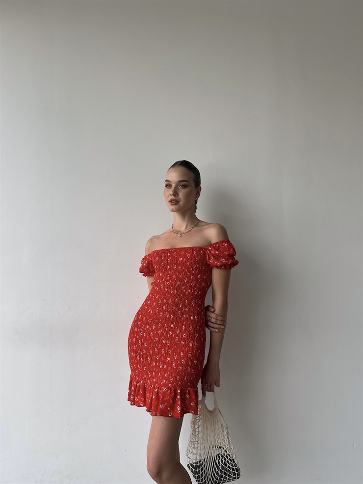 Gipeli Düşük Omuz Çiçek Desenli Volanlı Vox Kadın Kırmızı Elbise 22Y000356