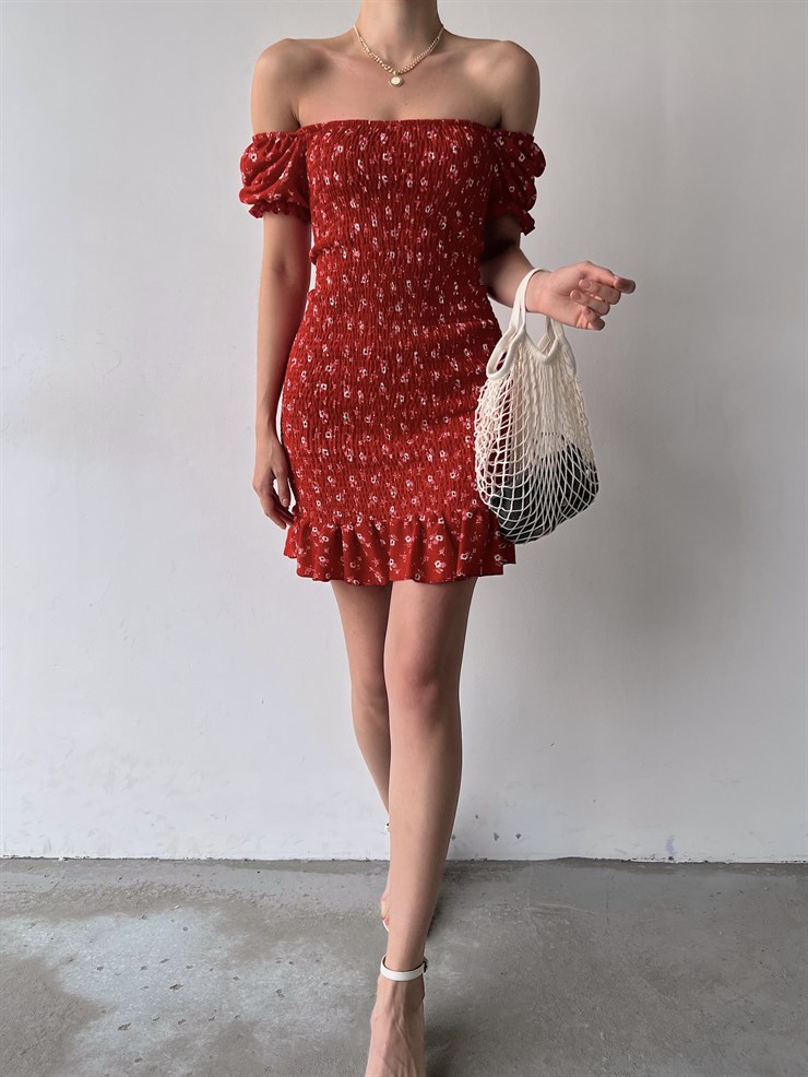 Gipeli Düşük Omuz Çiçek Desenli Volanlı Vox Kadın Kırmızı Elbise 22Y000356