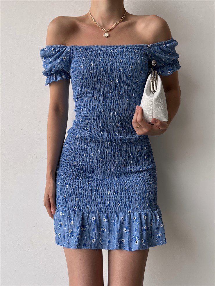 Gipeli Düşük Omuz Çiçek Desenli Volanlı Vox Kadın Mavi Elbise 22Y000356