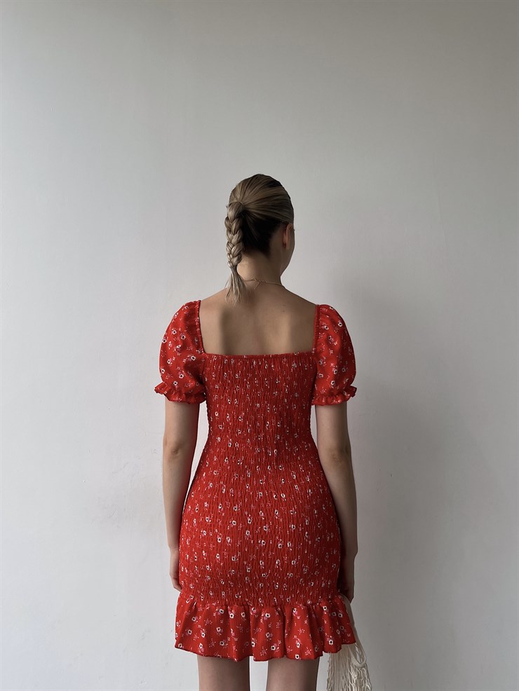 Gipeli Düşük Omuz Çiçek Desenli Volanlı Vox Kadın Kırmızı Elbise 22Y000356