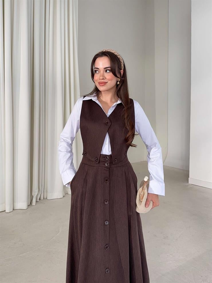 Düğmeli Pileli Üstü Ayrılabilir Girende Kahve Kadın Elbise 26K391