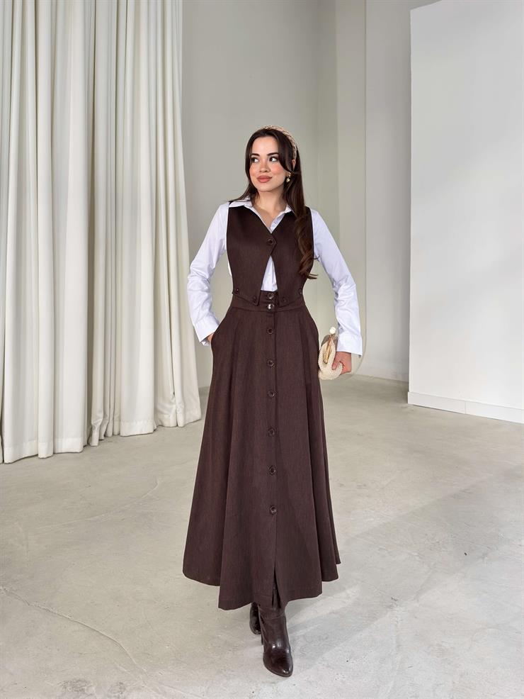 Düğmeli Pileli Üstü Ayrılabilir Girende Kahve Kadın Elbise 26K391