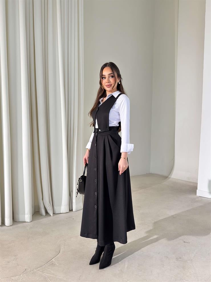 Düğmeli Pileli Üstü Ayrılabilir Girende Siyah Kadın Elbise 26K391