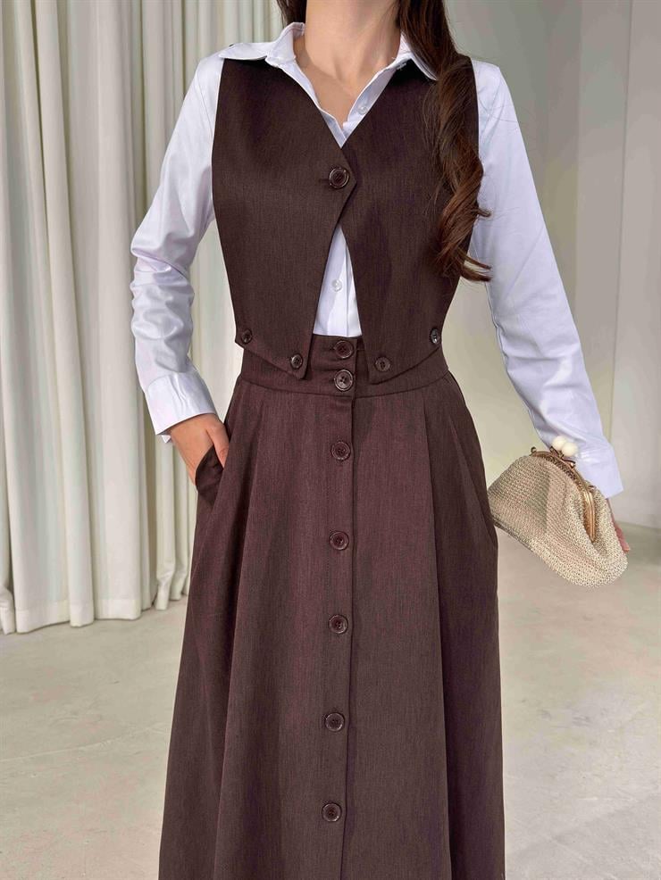 Düğmeli Pileli Üstü Ayrılabilir Girende Kahve Kadın Elbise 26K391