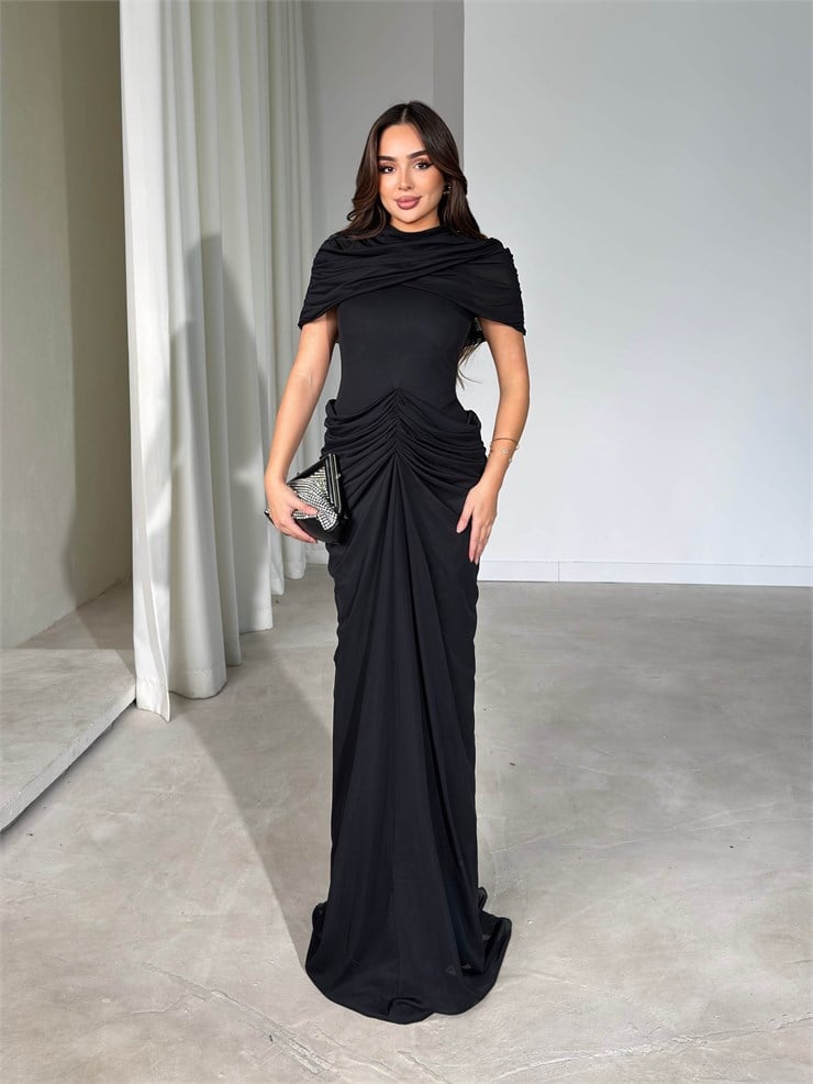 Çıkarılabilir Pelerinli Maxi Boy Siyah Giselle Kadın Elbise 26Y605