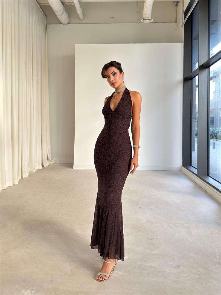 Halter Yaka Glenn Kahve Kadın Dantelli Elbise 26K251