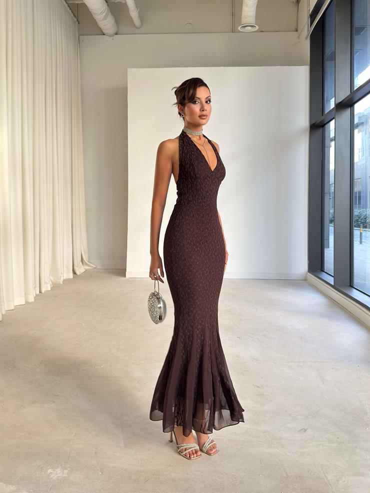 Halter Yaka Glenn Kahve Kadın Dantelli Elbise 26K251
