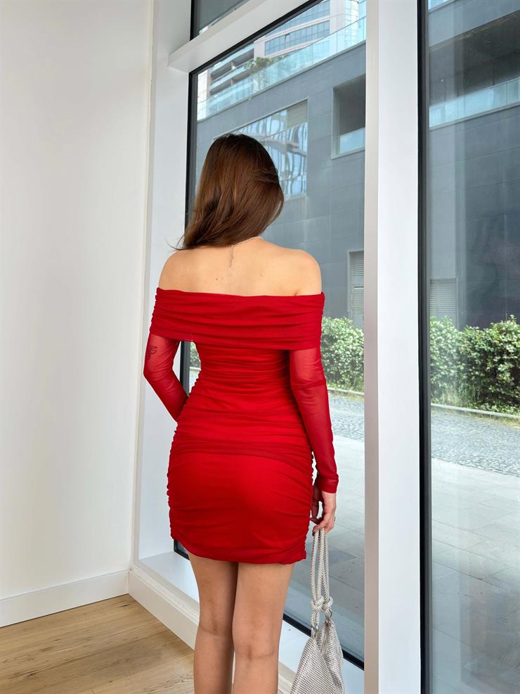 Madonna Yaka Uzun Tül Kol Glodi Kadın Kırmızı Mini Elbise 24Y260