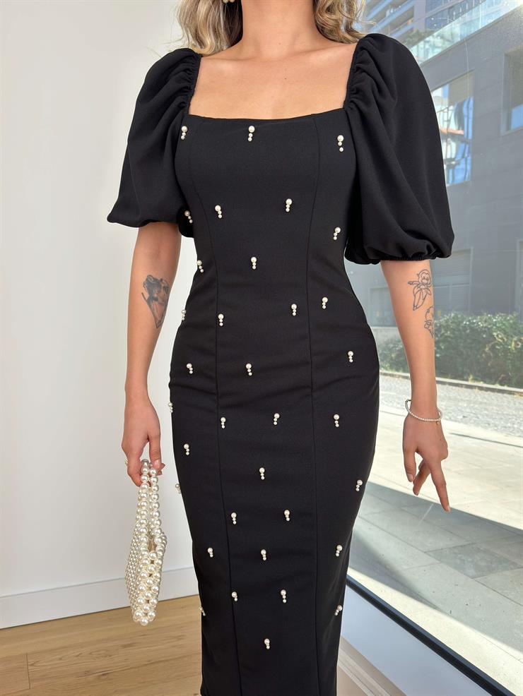 Kare Yaka Balon Kol Önü Taşlı Glonda Siyah Kadın Midi Elbise 25K397