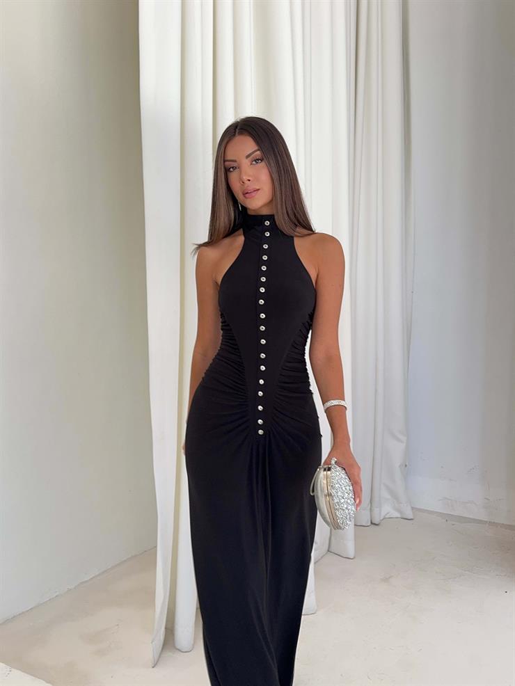 Ön Beden Aksesuarlı Büzgülü Gloria Uzun Siyah Kadın elbise 26K022