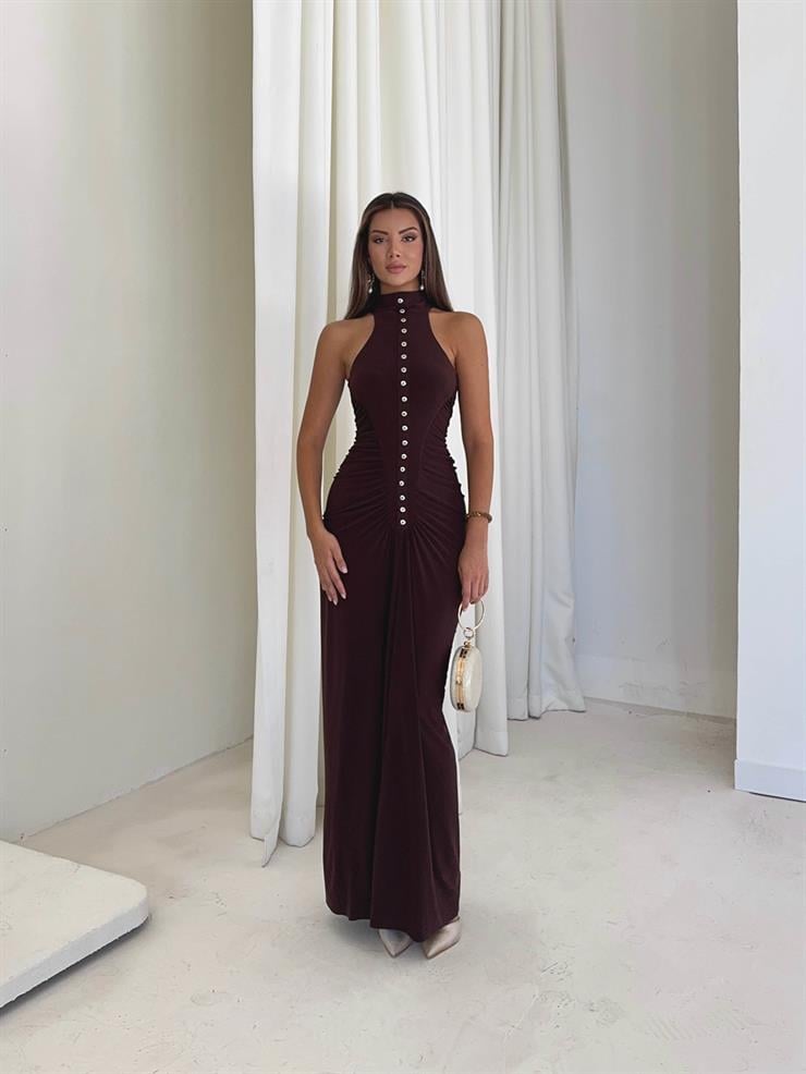 Ön Beden Aksesuarlı Büzgülü Gloria Uzun Kahve Kadın elbise 26K022