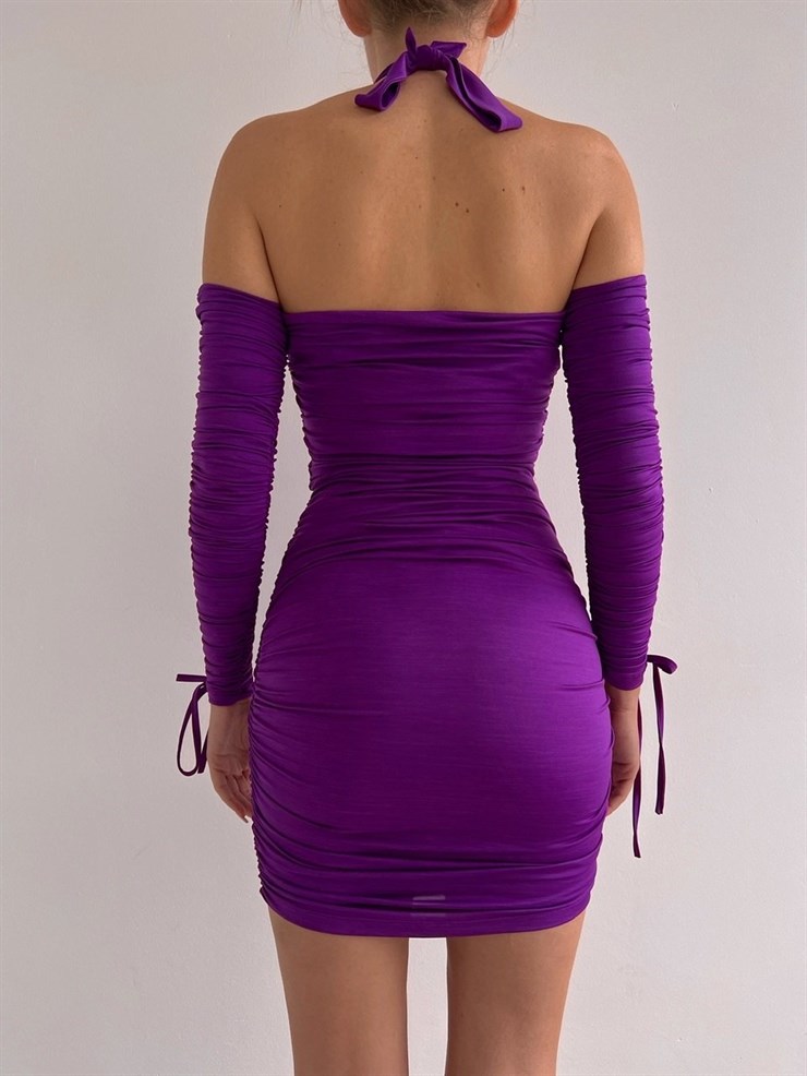 Göbek Kısmı Pencere Detaylı Açık Omuz Ayana Kadın Mor Elbise 22K000575